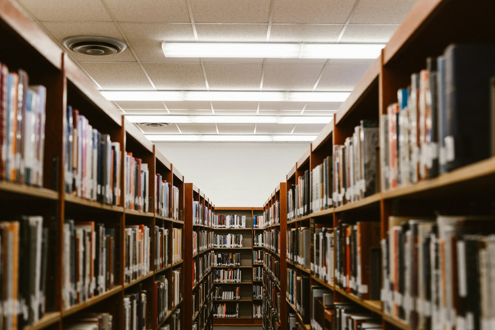 Rows of bookshelves in a bright campus library